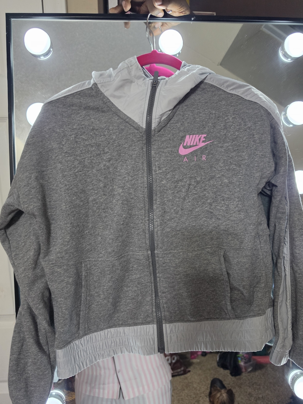 Nike Air Girls' Gray Hooded Jacket with Pink Logo